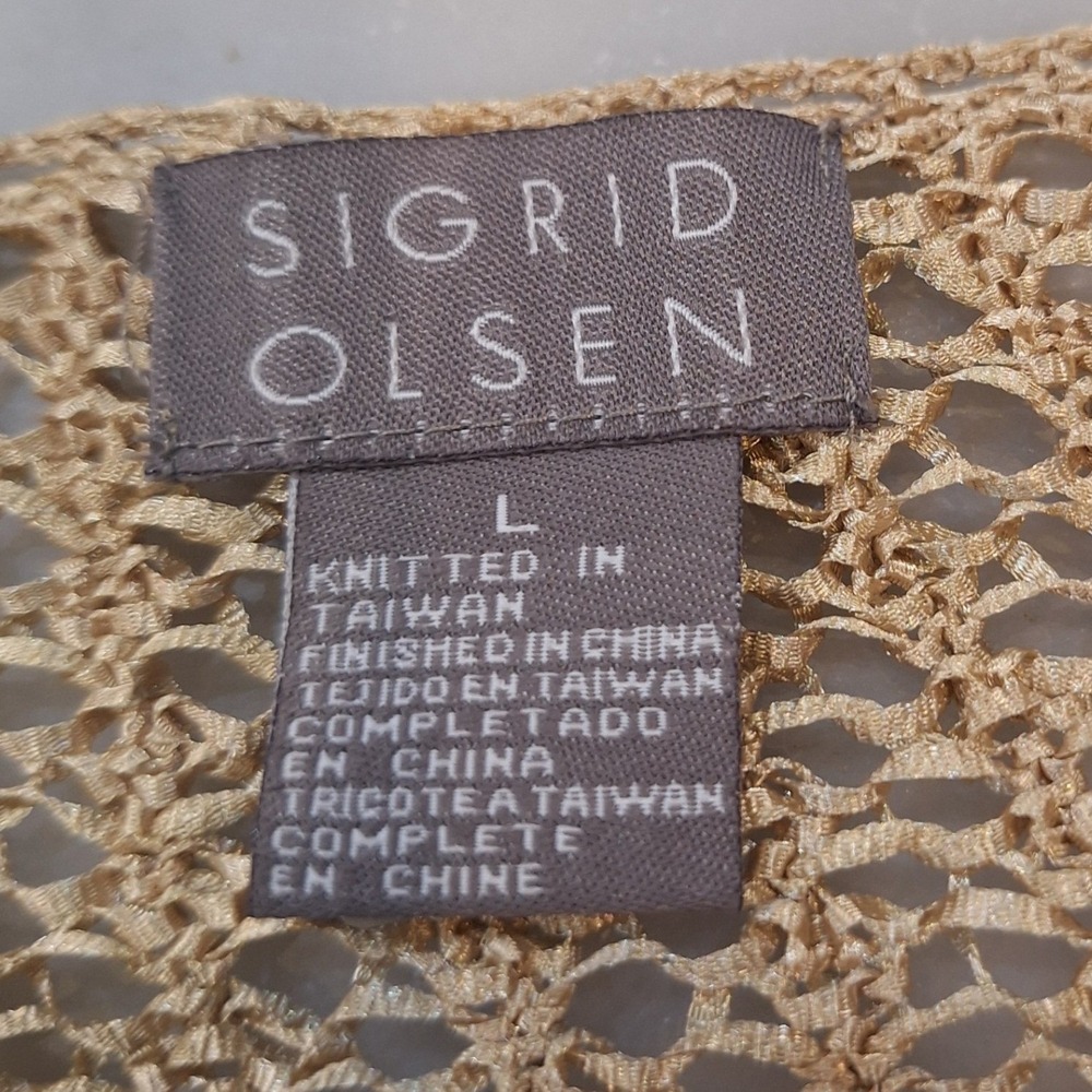 Sigrid Olsen Cardigan Sweater Womens Lg Tan Gold Open Knit Crochet Boho Beach - Picture 2 of 6